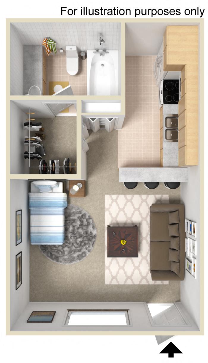 Floor plan for studio, 1 bath, 328 sqft